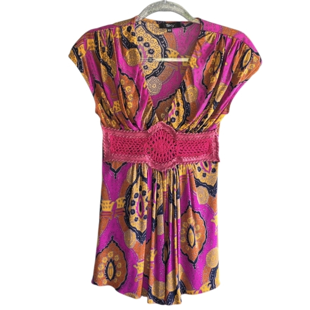 Vintage Y2K Baddie Housewife Sky XS Pink and Orange Patterned Blouse
